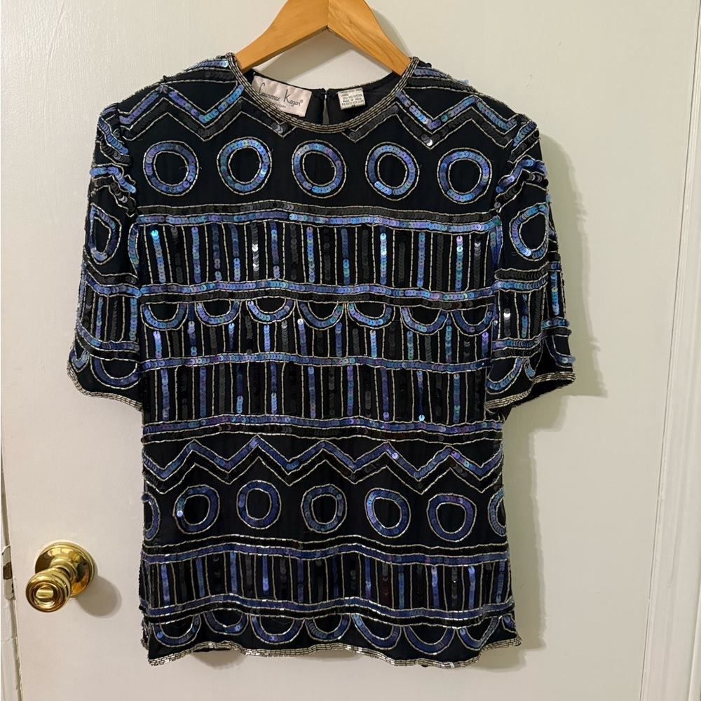 Vintage 1980s Laurence Kazar Black and Blue Sequin Top Medium 100% silk